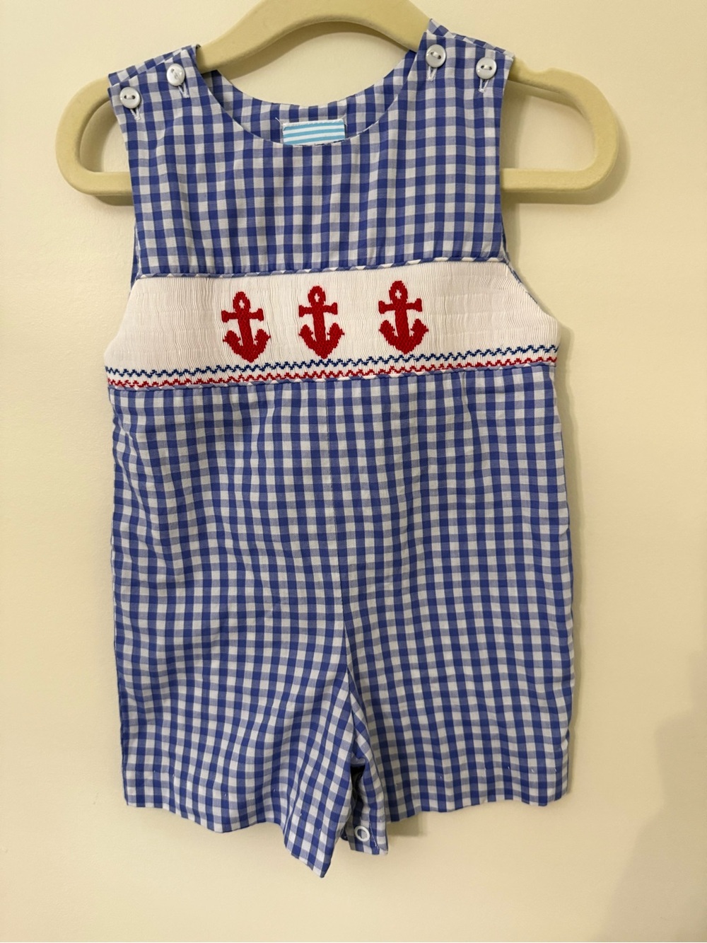 Blue Gingham Kids Anchor Smocked One-Piece